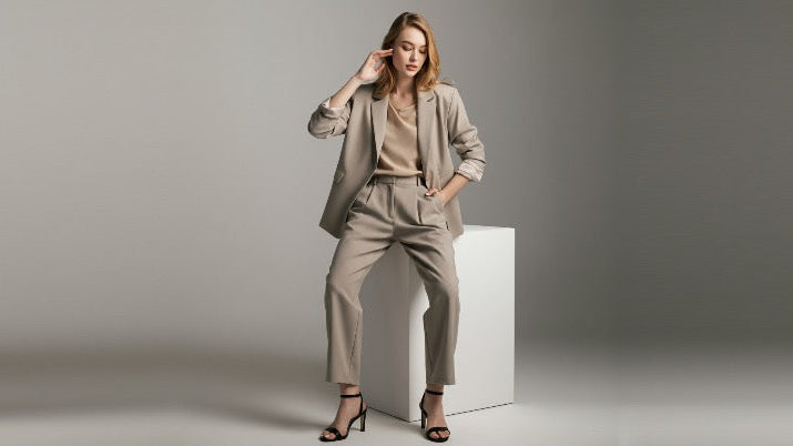 Young professional woman in neutral-toned workwear, featuring a blazer and tailored pants, with a simple background and soft lighting