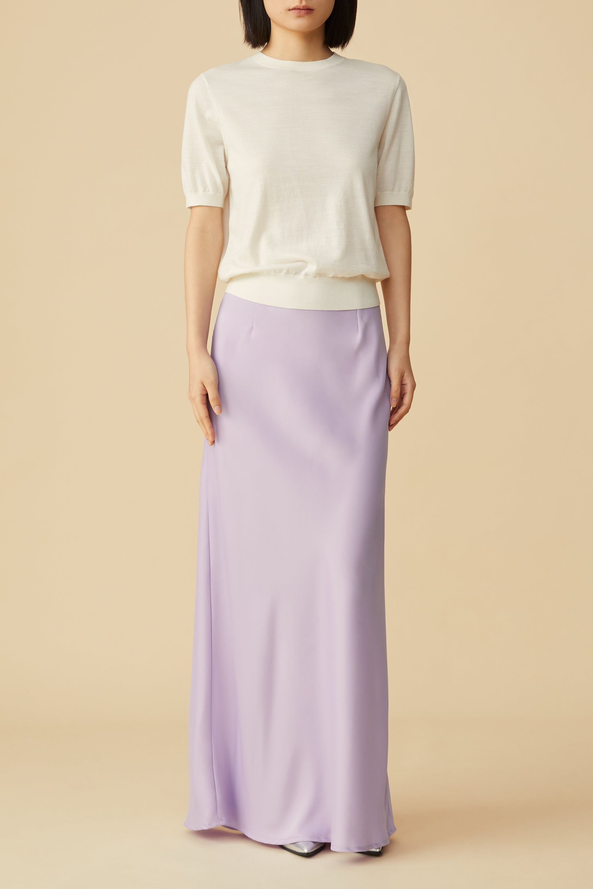 Lonoco's Aria White T-Shirt Sweater with Eliana Satin Maxi Skirt in Lilac