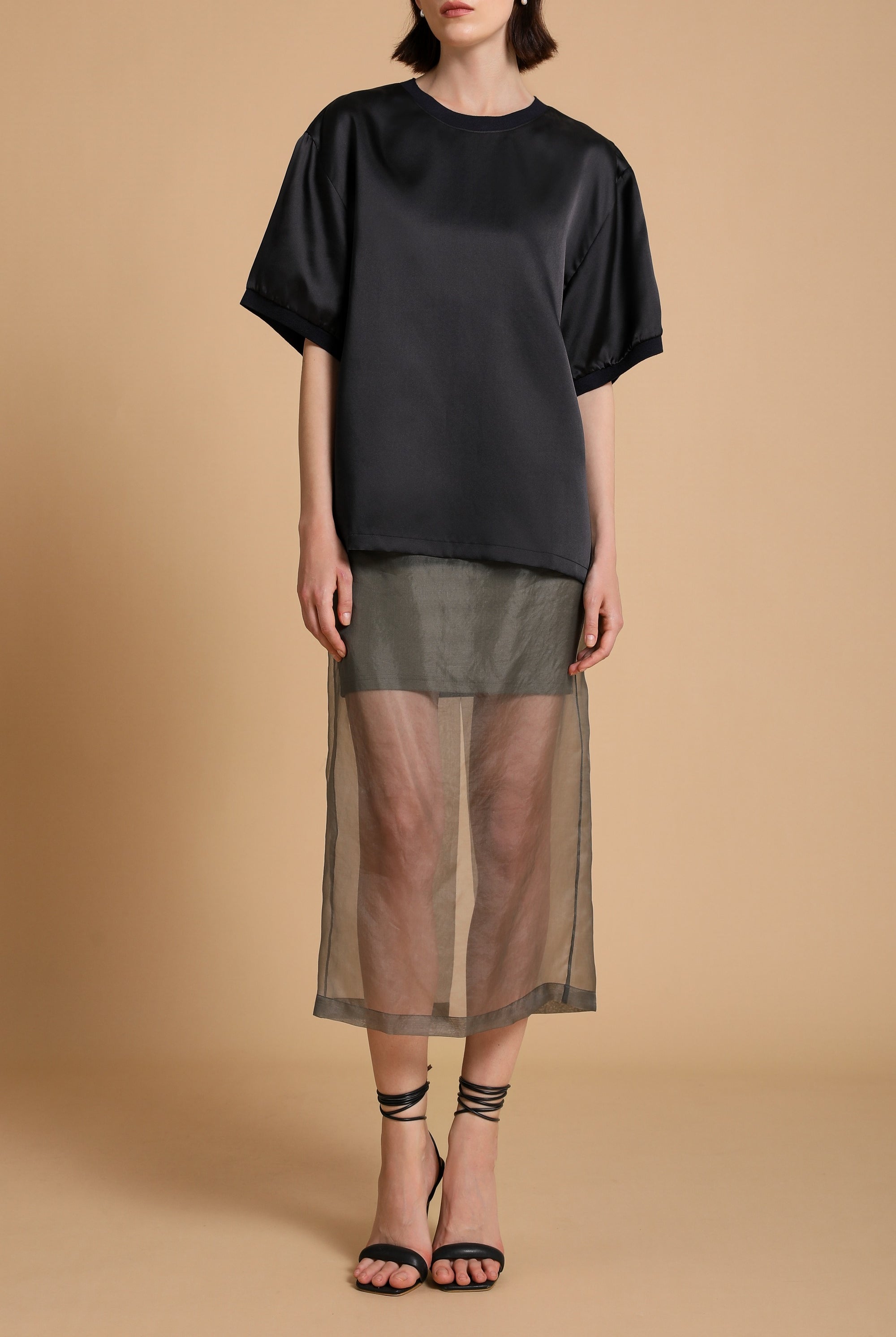 Bizzy Sculpted Silk Top in Midnight Blue & Emery Sheer Silk Midi-Skirt in Mist Gray