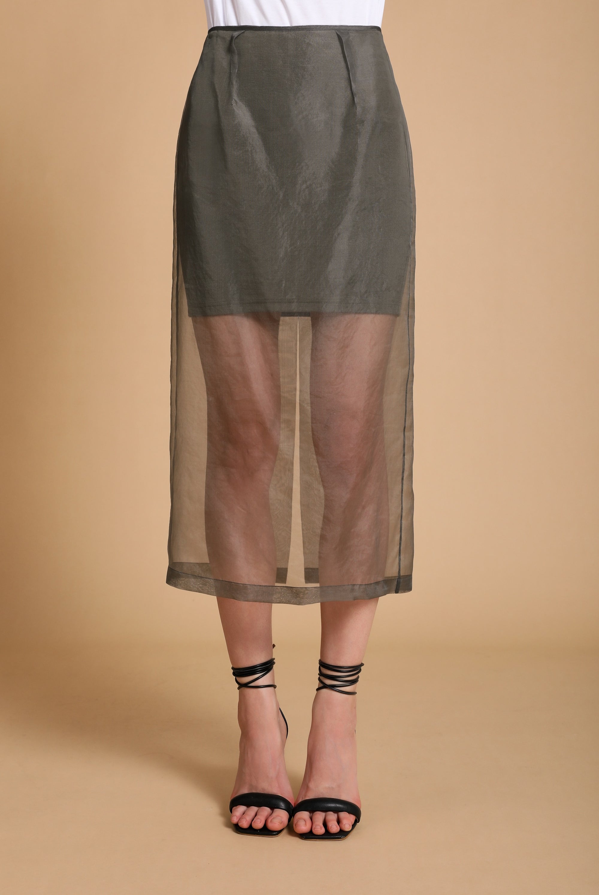 Emery Sheer Silk Midi-Skirt in Mist Gray