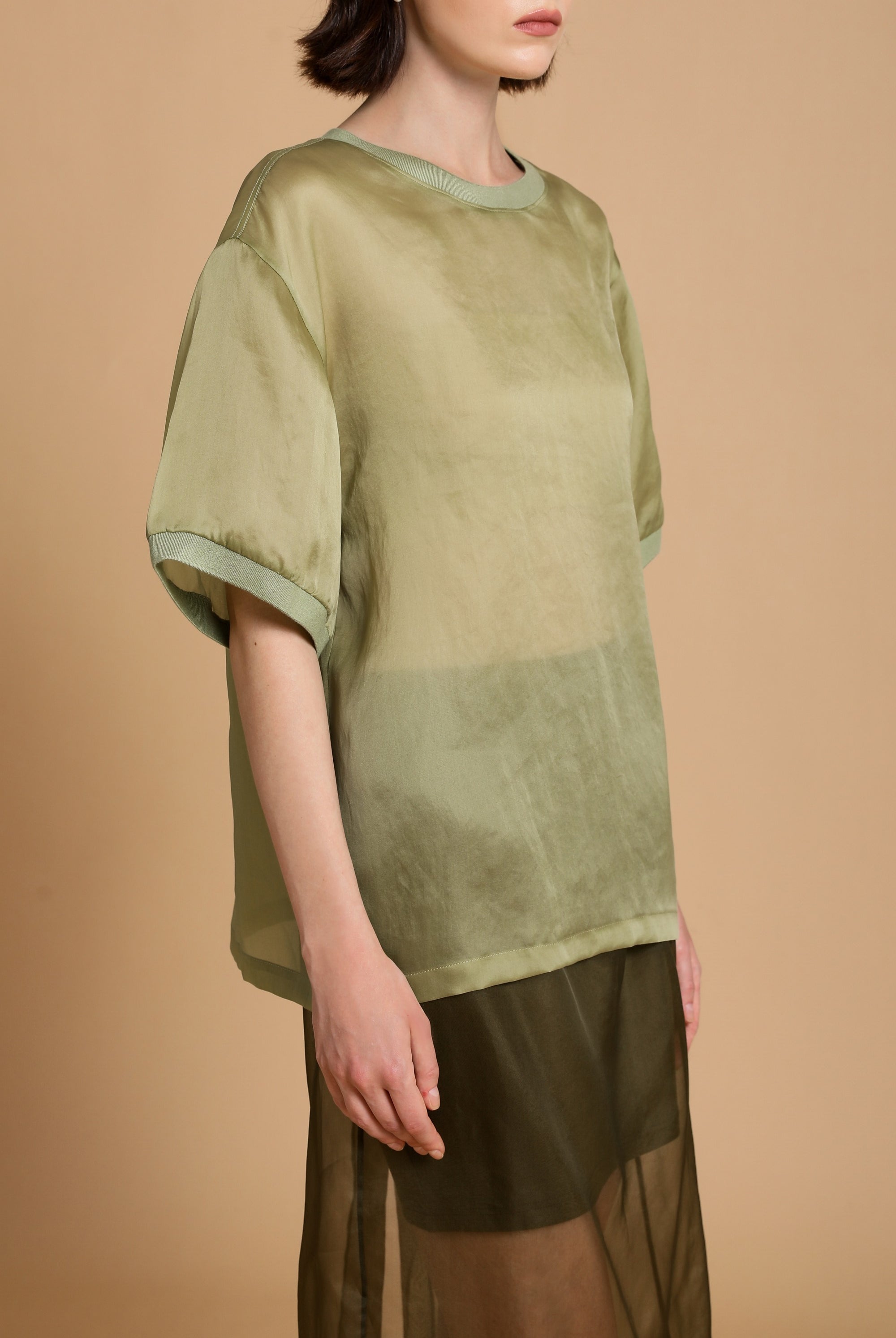 Bizzy Sculpted Silk Top in Matcha Green