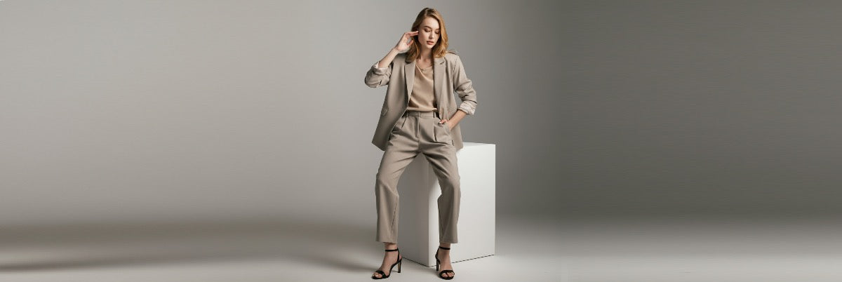 Young professional woman in neutral-toned workwear, featuring a blazer and tailored pants, with a simple background and soft lighting