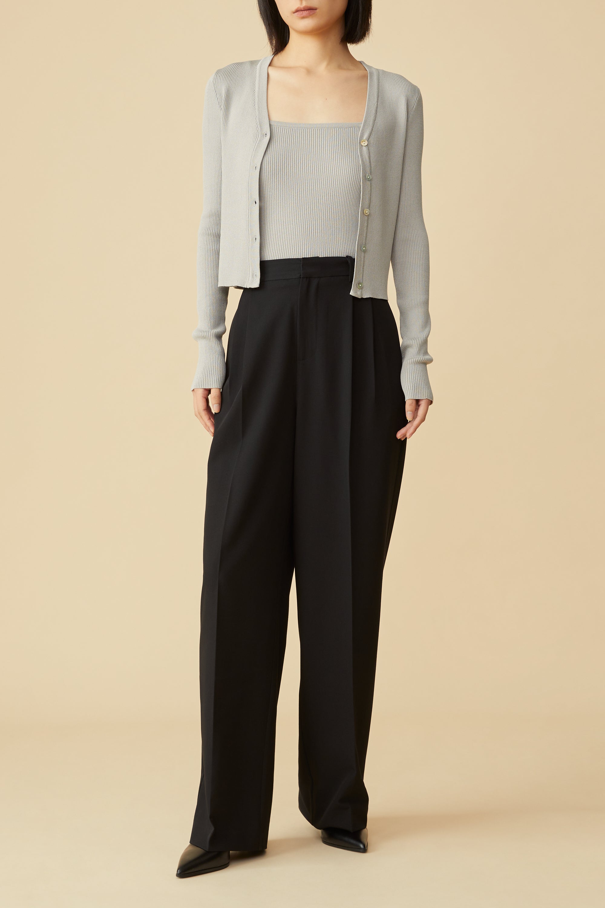 Addison Ribbed-Knit Camisole and Cardigan Set in Gray – LONOCO