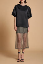 Bizzy Sculpted Silk Top in Midnight Blue & Emery Sheer Silk Midi-Skirt in Mist Gray