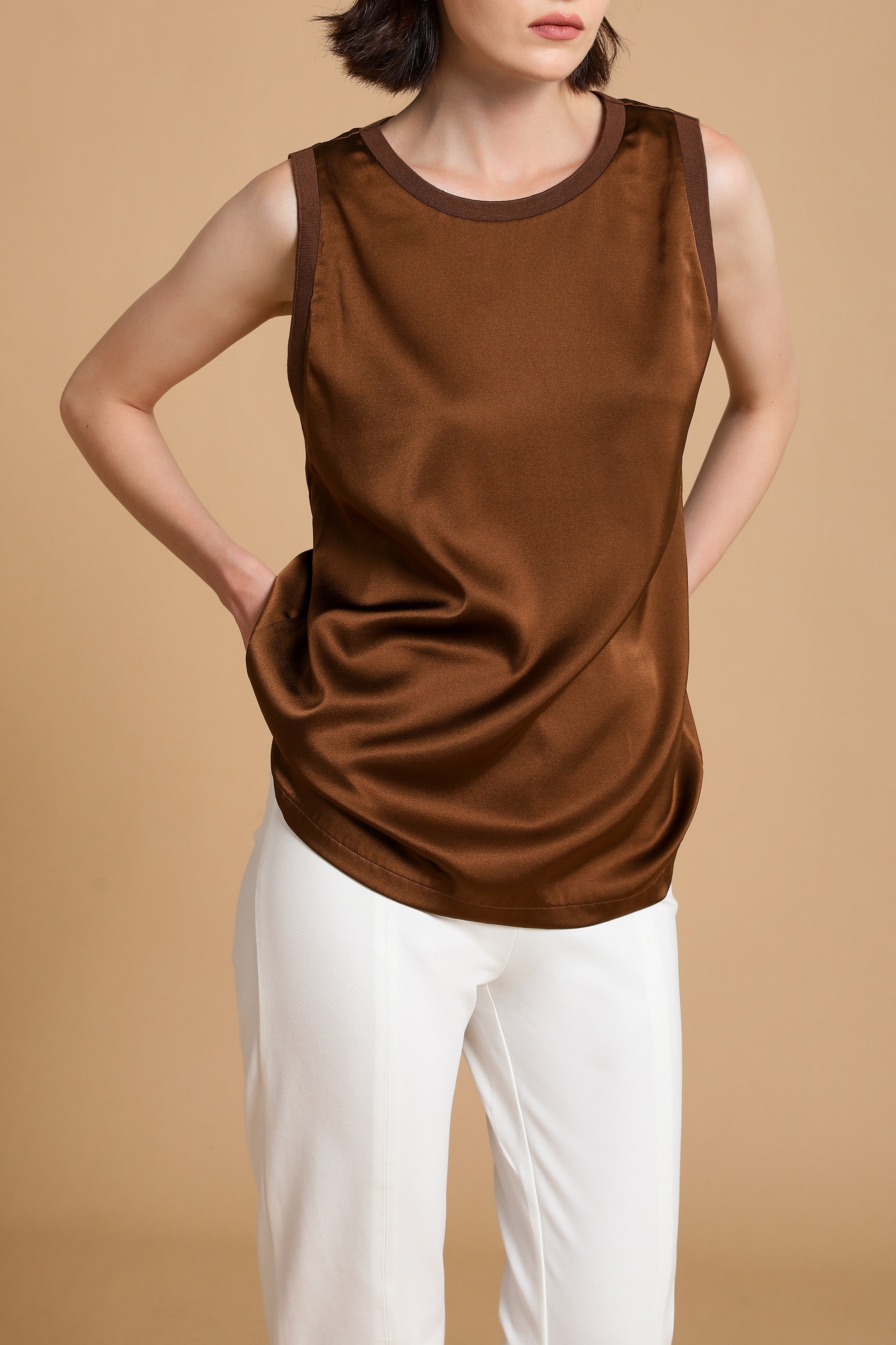 Billie Silk-Satin Tank in Rich Amber