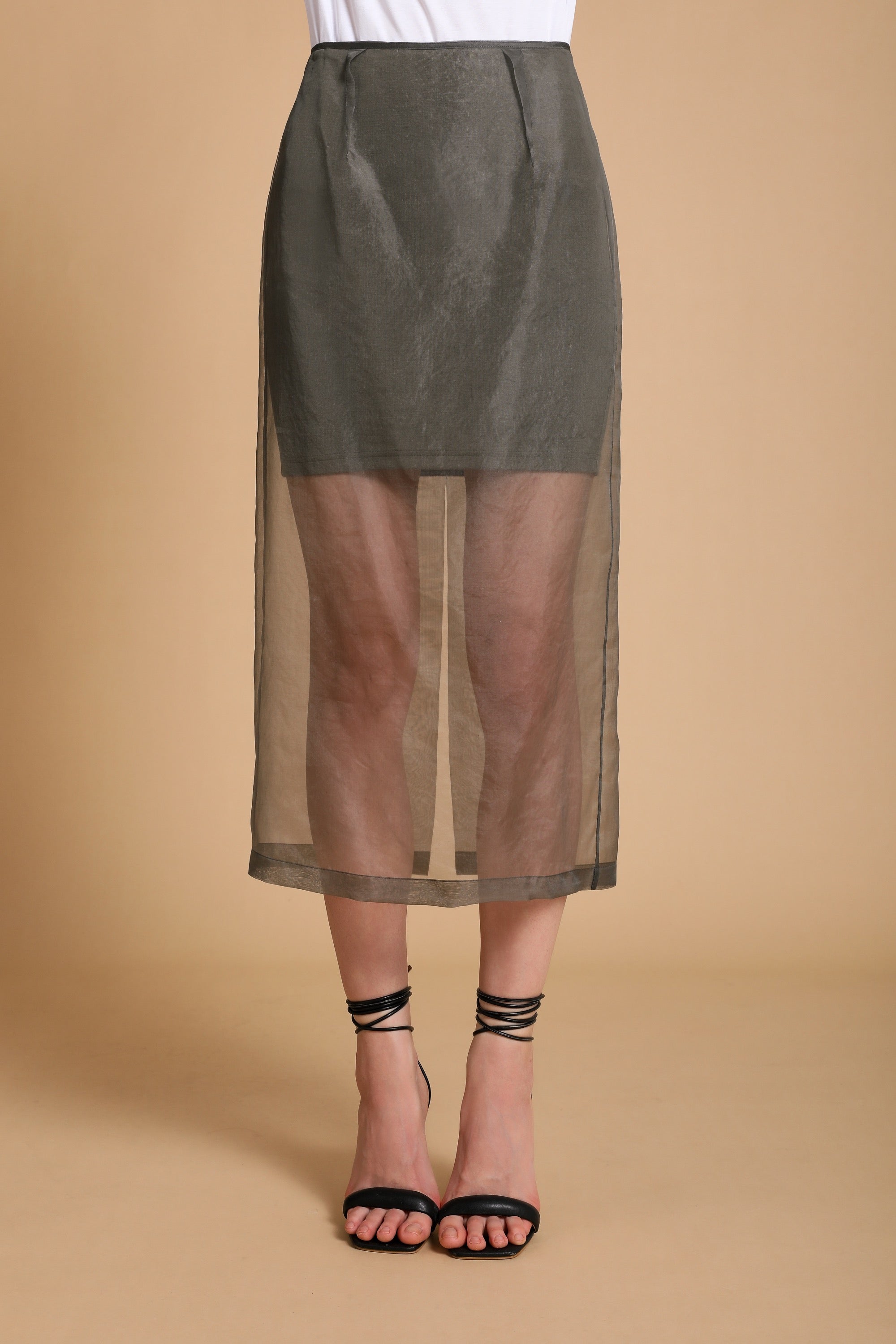 Emery Sheer Silk Midi-Skirt in Mist Gray