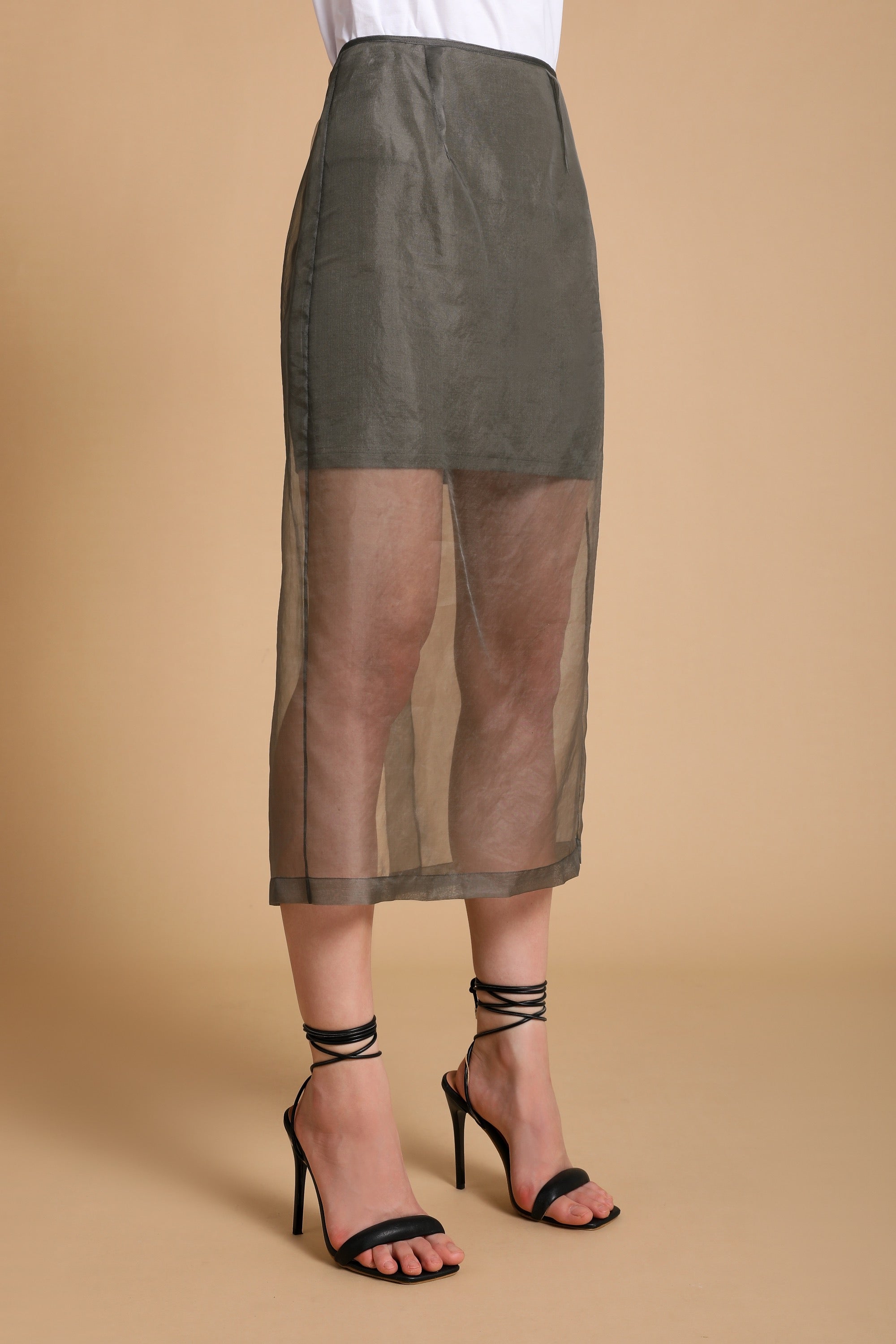 Emery Sheer Silk Midi-Skirt in Mist Gray