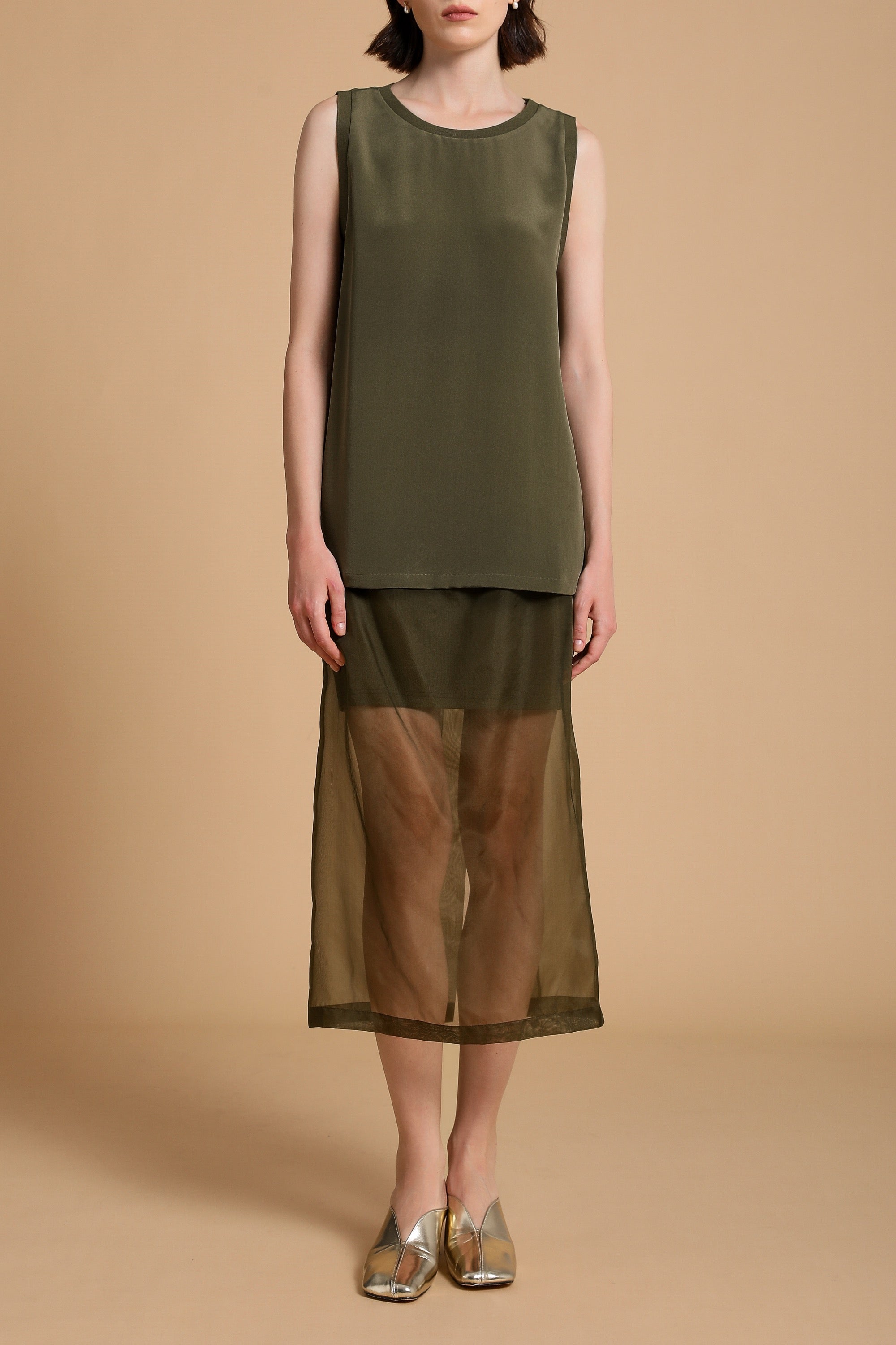 Billie Silk-Satin Tank in Moss Green & Emery Sheer Silk Midi-Skirt in Moss Green