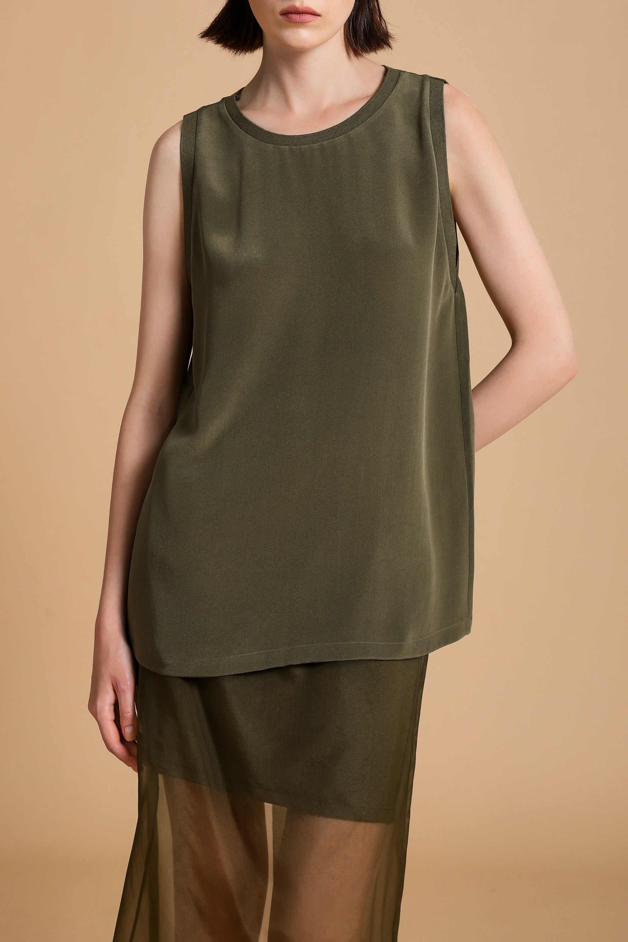 Billie Silk-Satin Tank in Moss Green