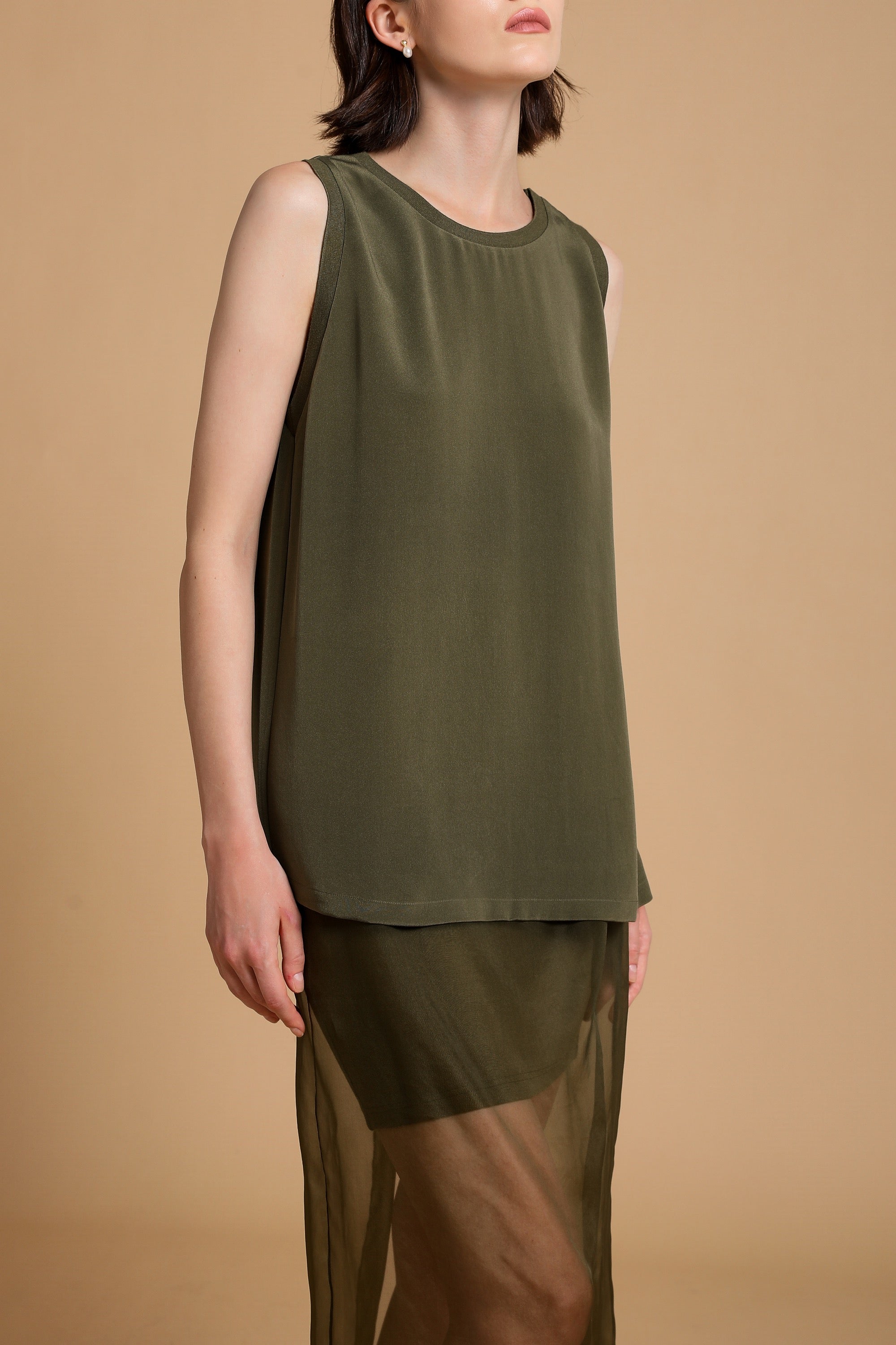 Billie Silk-Satin Tank in Moss Green