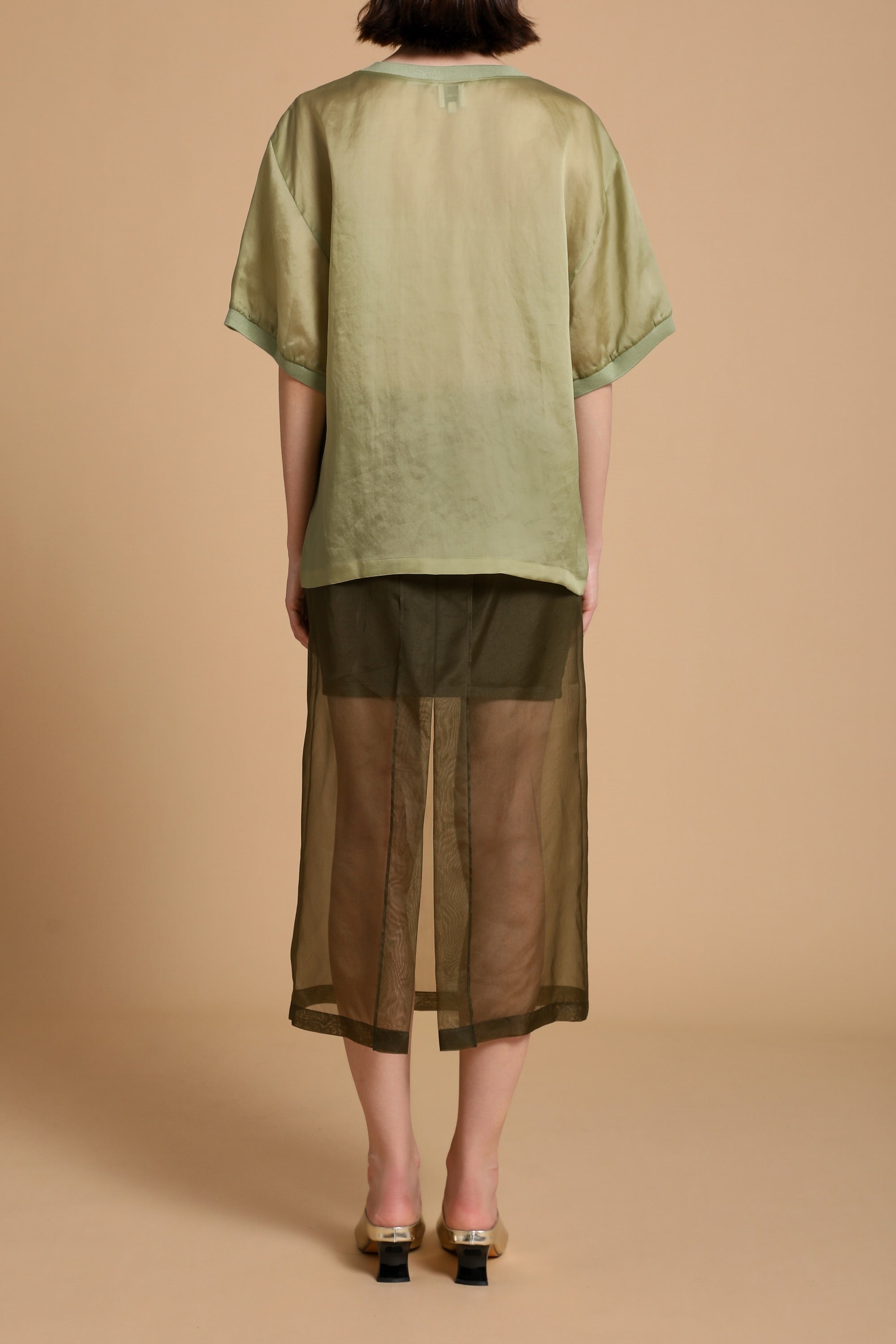 Bizzy Sculpted Silk Top in Matcha Green & Emery Sheer Silk Midi-Skirt in Moss Green