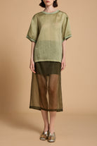 Bizzy Sculpted Silk Top in Matcha Green & Emery Sheer Silk Midi-Skirt in Moss Green  