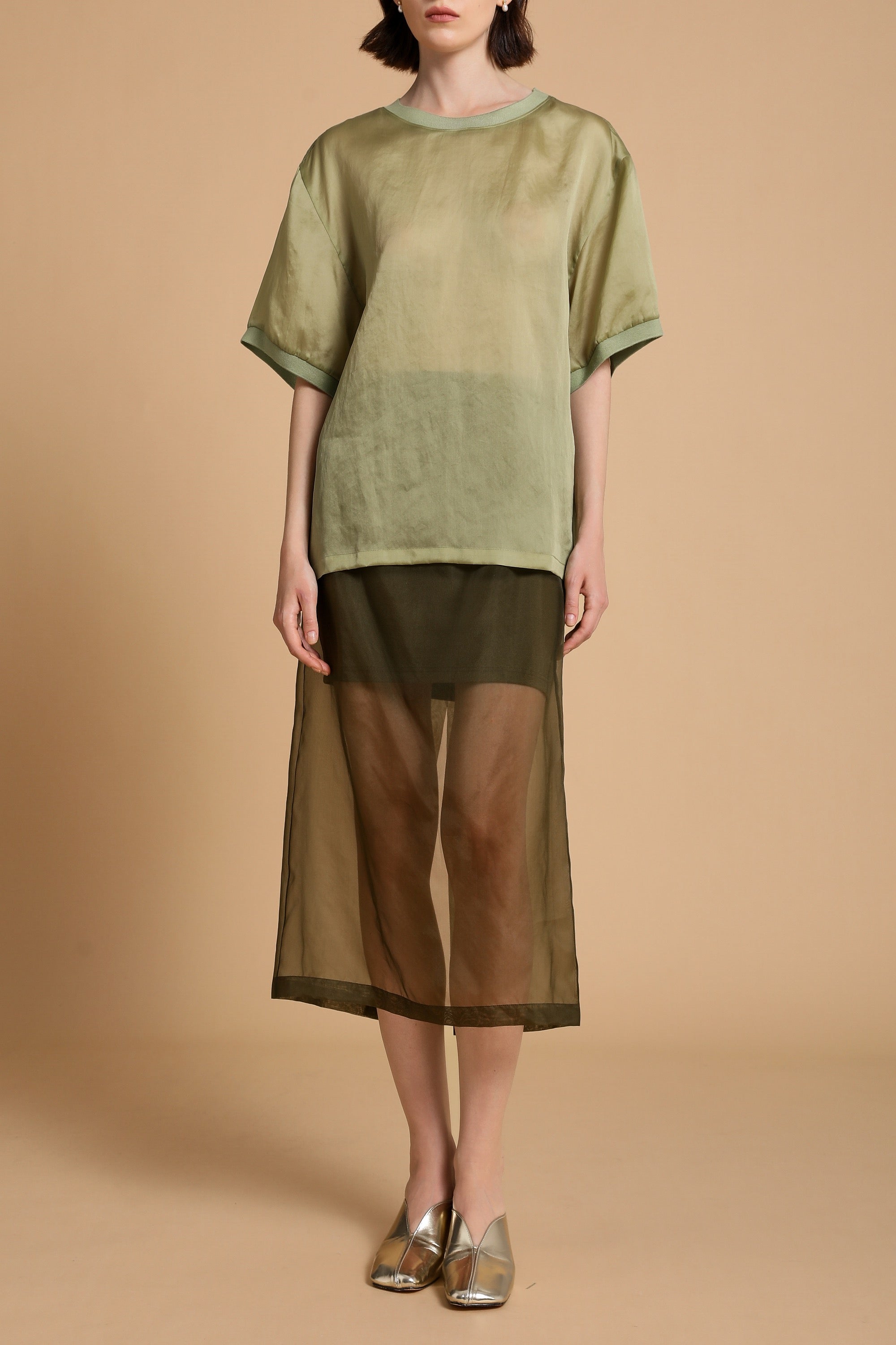 Bizzy Sculpted Silk Top in Matcha Green & Emery Sheer Silk Midi-Skirt in Moss Green  