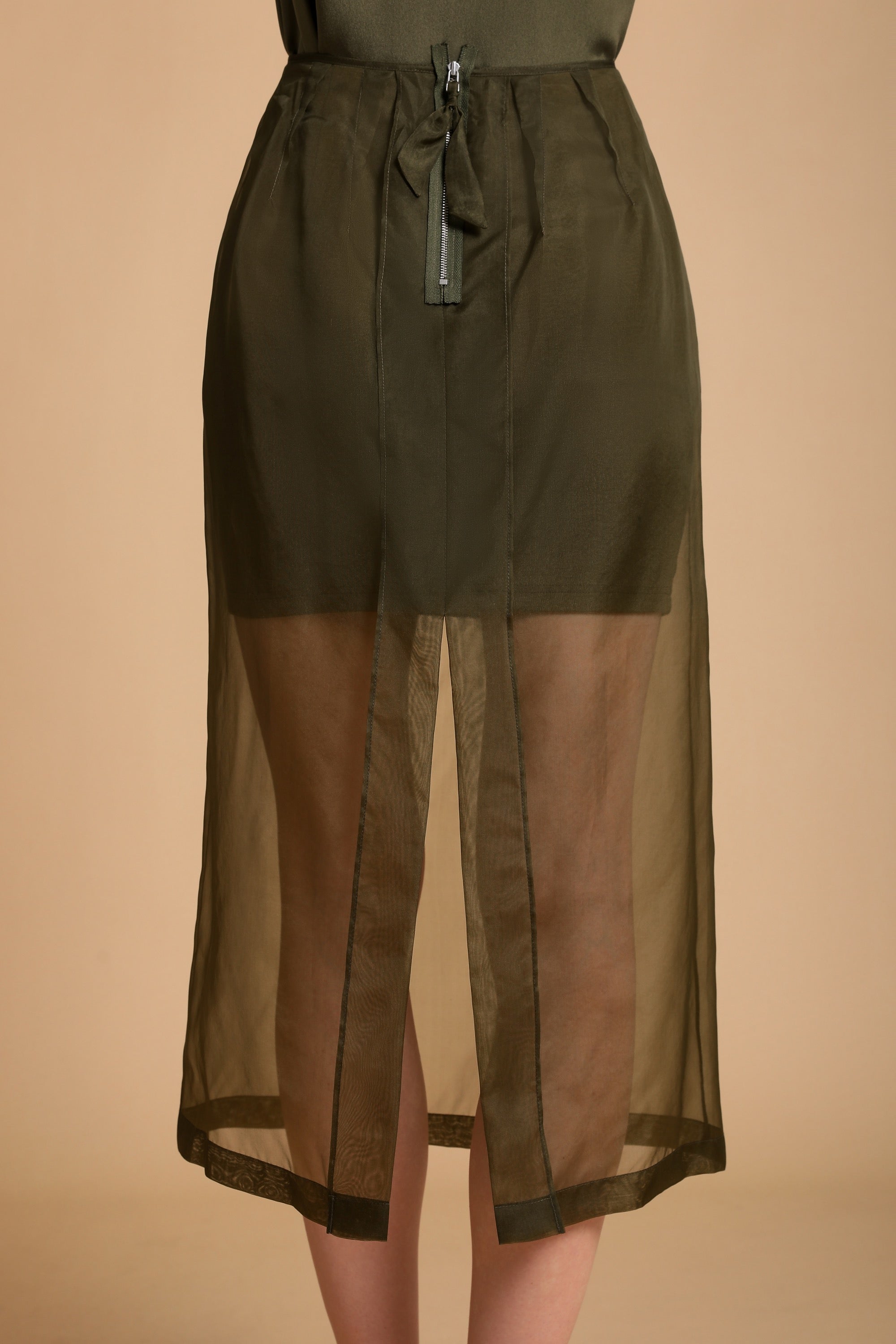 Emery Sheer Silk Midi-Skirt in Moss Green