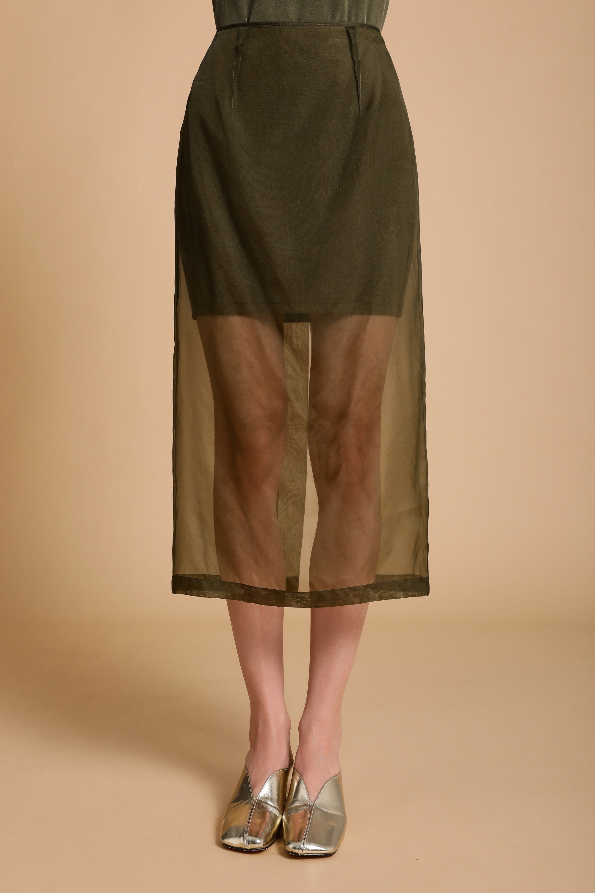 Emery Sheer Silk Midi-Skirt in Moss Green