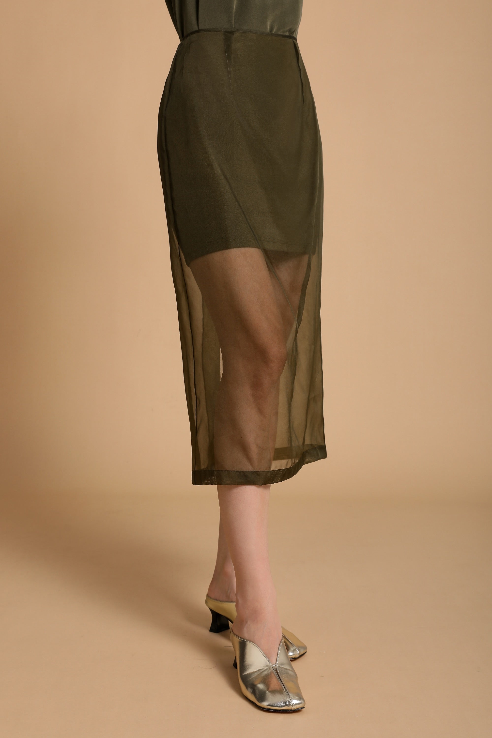 Emery Sheer Silk Midi-Skirt in Moss Green